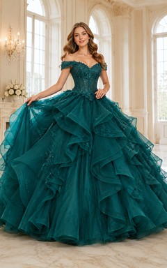Peacock Luxury Off Shoulder Cascading Ruffle Organza Quinceanera Princess Formal Ball Gown
