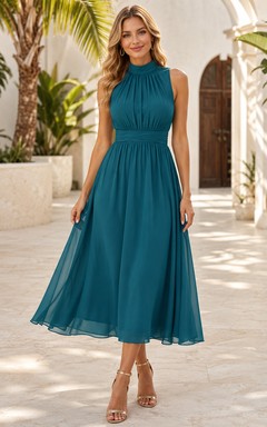 Peacock High Neck Chiffon Elegant A Line Midi Guest Dress