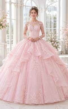 Vestido de quinceañera largo hasta el suelo, de encaje rosa rubor, tul, cuello joya y manga larga.