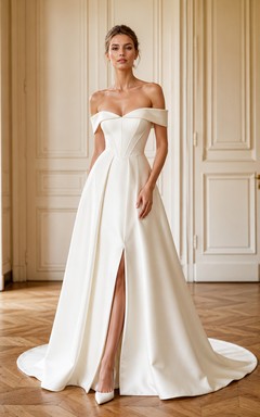 Elegantes Satin-Brautkleid mit schulterfreiem Oberteil, kurzen Ärmeln, A-Linie, Kapellenschleppe und Schlitz vorne – perfekt für eine Gartenhochzeit
