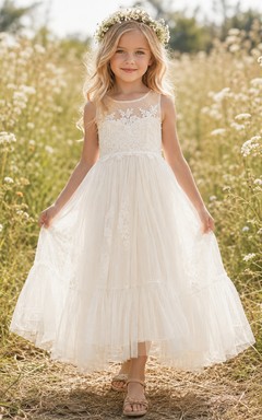 Robe de demoiselle d'honneur en dentelle ivoire et tulle, coupe trapèze, col rond, longueur thé