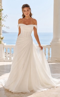 Vestido de novia de playa con escote Bardot, drapeado y corte A