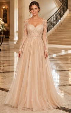Champagne Sweetheart Long Sleeve Chiffon A-Line Sweep Train Formal Dress