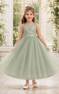 Sage Lace Bodice Tulle A-Line Flower Girl Dress with Short Sleeves, Jewel Neck, Tea-Length Skirt and Bow Detail