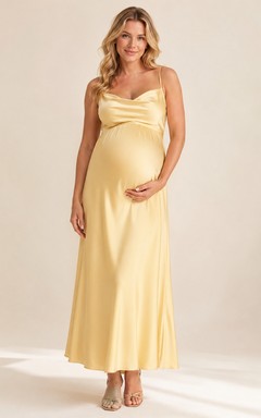 Daffodil Maternity Cowl Neck Spaghetti Strap Satin Empire Ankle Evening Dress