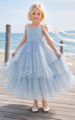 Blumenmädchenkleid, himmelblau, Tüll, A-Linie, Rundhalsausschnitt, Teelänge, Schleifendetail