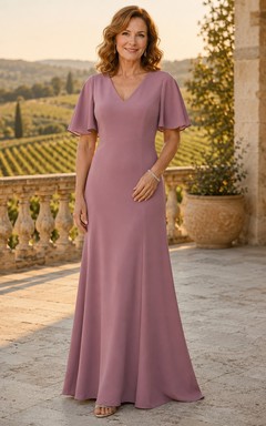 Altrosafarbenes Meerjungfrauen-Kleid mit V-Ausschnitt, flatternden Ärmeln und Muttermotiv
