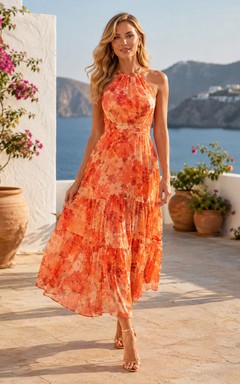 Orange Floral Halter Tiered Chiffon Midi Resort Guest Dress