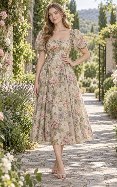 Vestido de gasa de largo midi con cuello cuadrado y mangas abullonadas, estampado floral silvestre en tono topo apagado.