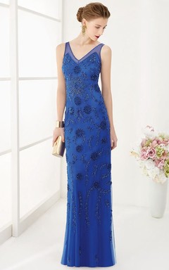 V Neck V Back Sleeveless Sheath Long Dress With Crystal And Flowers