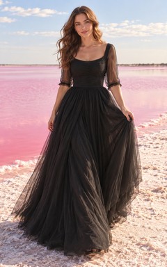Simple Black Square Half Sleeve Split Tulle A-Line Wedding Dress