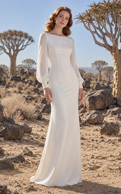 Vestido de novia sencillo, modesto, de manga larga, de satén y gasa, estilo tubo, largo hasta el suelo.