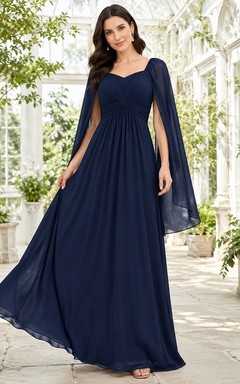 Vestido formal de corte A con escote en V y mangas abullonadas en gasa azul marino oscuro