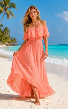 Coral off shoulder ruffle chiffon beach resort maxi dress