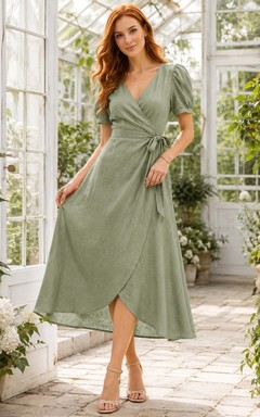 Sage Linen V-neck Short Sleeve A-Line High-low Wrap Casual Country Garden Drape Dress