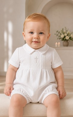 White Cross Embroidered Peter Collar Baptism Bubble Romper for Baby Boy