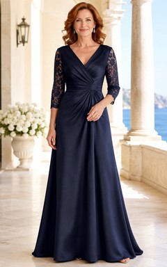 Elegantes, dunkelblaues Brautmutterkleid mit V-Ausschnitt, Spitzenärmeln, geraffter Taille, bodenlangem Schnitt und A-Linien-Schnitt