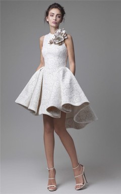 Partykleid mit hohem/tiefem Schmuckausschnitt, A-Linie und Blumenapplikationen