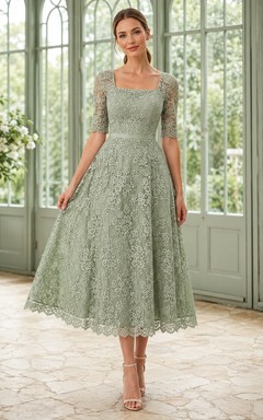 Modest Sage Tea-Length Lace A-Line Square Neck Half Sleeve Dress