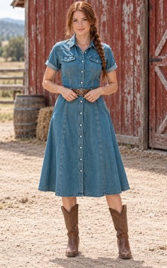 Western Tea-length Blue Collared Short Sleeve Button Front Denim Dress
