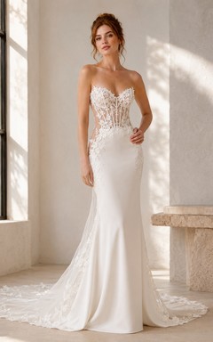Robe de mariée sirène en dentelle et tulle, col V, manches longues, traîne chapelle