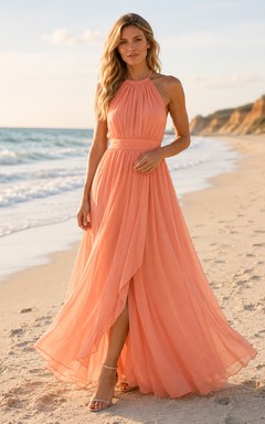 Coral Halter Chiffon A-Line Formal Dress with Slit