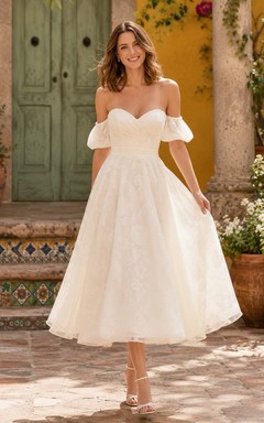 Vintage Romantic Off-Shoulder Puff Sleeve Tea-Length Civil Destination Wedding Dress
