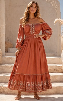 Vermilion Off-Shoulder Embroidered Puff Sleeve Tiered Chiffon Dress