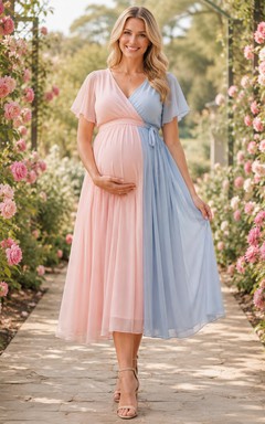 Pastel Pink Blue Wrap V Neck Maternity Midi Dress
