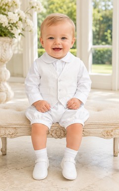 White Satin Vest Bow Tie Short Christening Suit Ensemble for Baby Boy