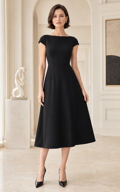 Black Cap Sleeve Bateau A Line Elegant Midi Dress