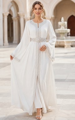 Modern Bridal Caftan Two Piece Jumpsuit Jewel Neck Long Cape Sleeve Wedding Outfit