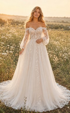 Brautkleid aus Spitze und Tüll, A-Linie, schulterfrei, lange Ärmel, Kapellenschleppe