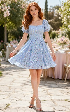 Blue Confetti Square Neck Puff Sleeve Fit Flare Mini Dress