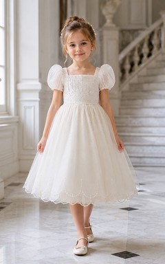 Bow Back Tulle A-Line Flower Girl Dress with Jewel Neck and Tea-Length Skirt
