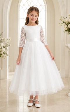 Vestido de té de tul para niña de las flores con mangas tres cuartos de encaje para comunión