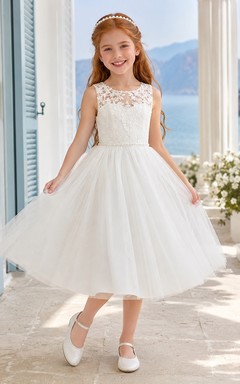 Flower Girl Dress Ivory Lace Tulle A-Line Jewel Neck Tea Length