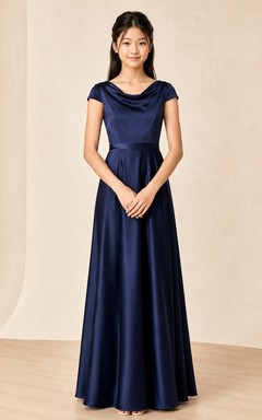 Dark Navy Junior Bridesmaid Dress A-Line Cowl Short Sleeve Satin Modern