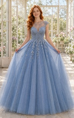 Sky Blue Tulle Lace V-Neck Cap Sleeve Ball Gown Floral Beaded Prom Dress