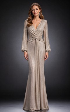 Taupe Jersey V-neck Long Sleeve Sheath Floor-length Ruched Elegant Evening Gown