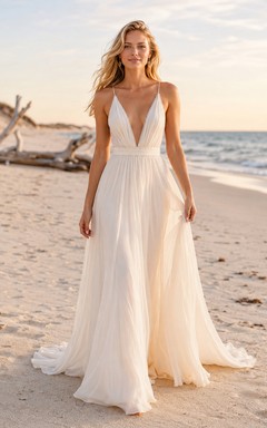 Vestido de novia de gasa para playa, corte en A, tirantes finos, largo hasta el suelo, espalda baja en V.