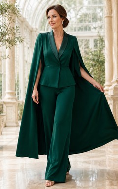 Dunkelgrüner, taillierter Satin-Hosenanzug mit Schalkragen, weitem Bein, langen, dramatischen Cape-Ärmeln und bodenlanger Hose – perfekt für die Mutter der Braut.