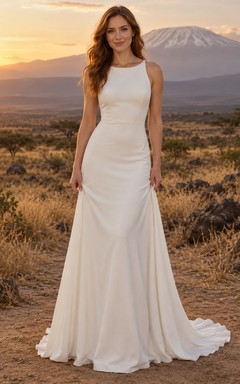 Vestido de novia sencillo de gasa sin mangas con escote joya y tirantes anchos en la espalda.