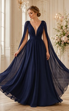 Vestido de gala largo de gasa azul marino oscuro con escote en V profundo y corte en A.