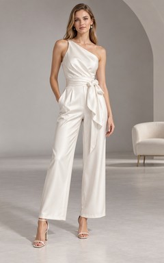 Modern One Shoulder Satin Side Sash Cropped Wide Leg Bridal Jumpsuit