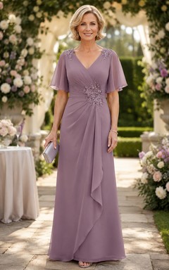 Mauve V-neck Chiffon Flutter Sleeve Lace Mother Dress