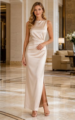 Light Neutral Keyhole Back Satin Slit Gown