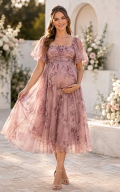 Fine Lavender Chiffon V-Neck Short Sleeve A-Line Knee Length Maternity Gown