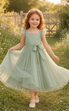 Flower Girl Dress Sage Tulle A-Line Jewel Neck Tea Length Bow Back
