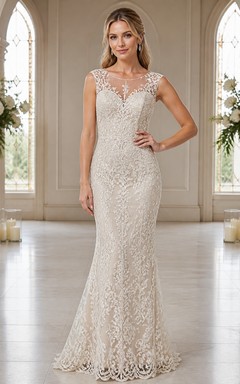 Vestido de novia modesto de encaje floral sin mangas con escote ilusión estilo sirena